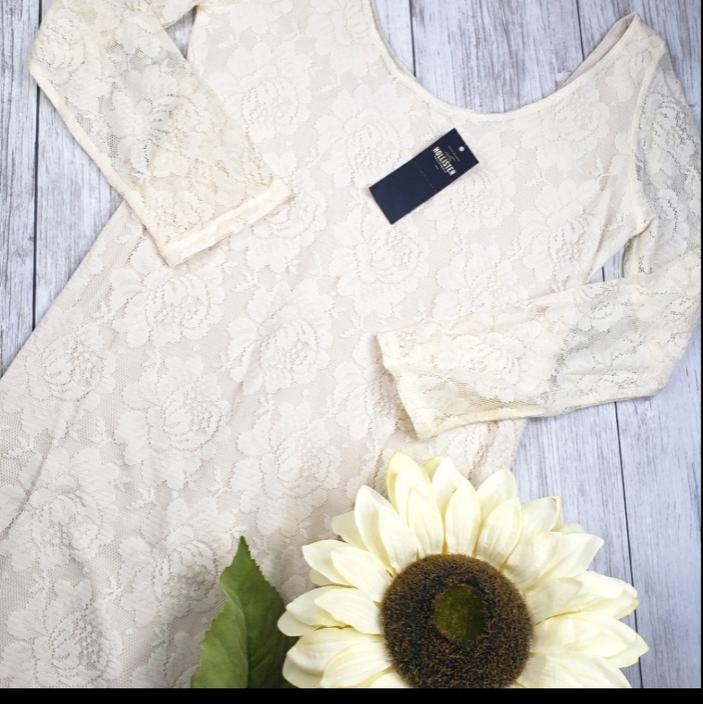Hollister Lace Dress  Neutral  Nude Long Sleeve Mini  Sexy Night Out  Large  NEW